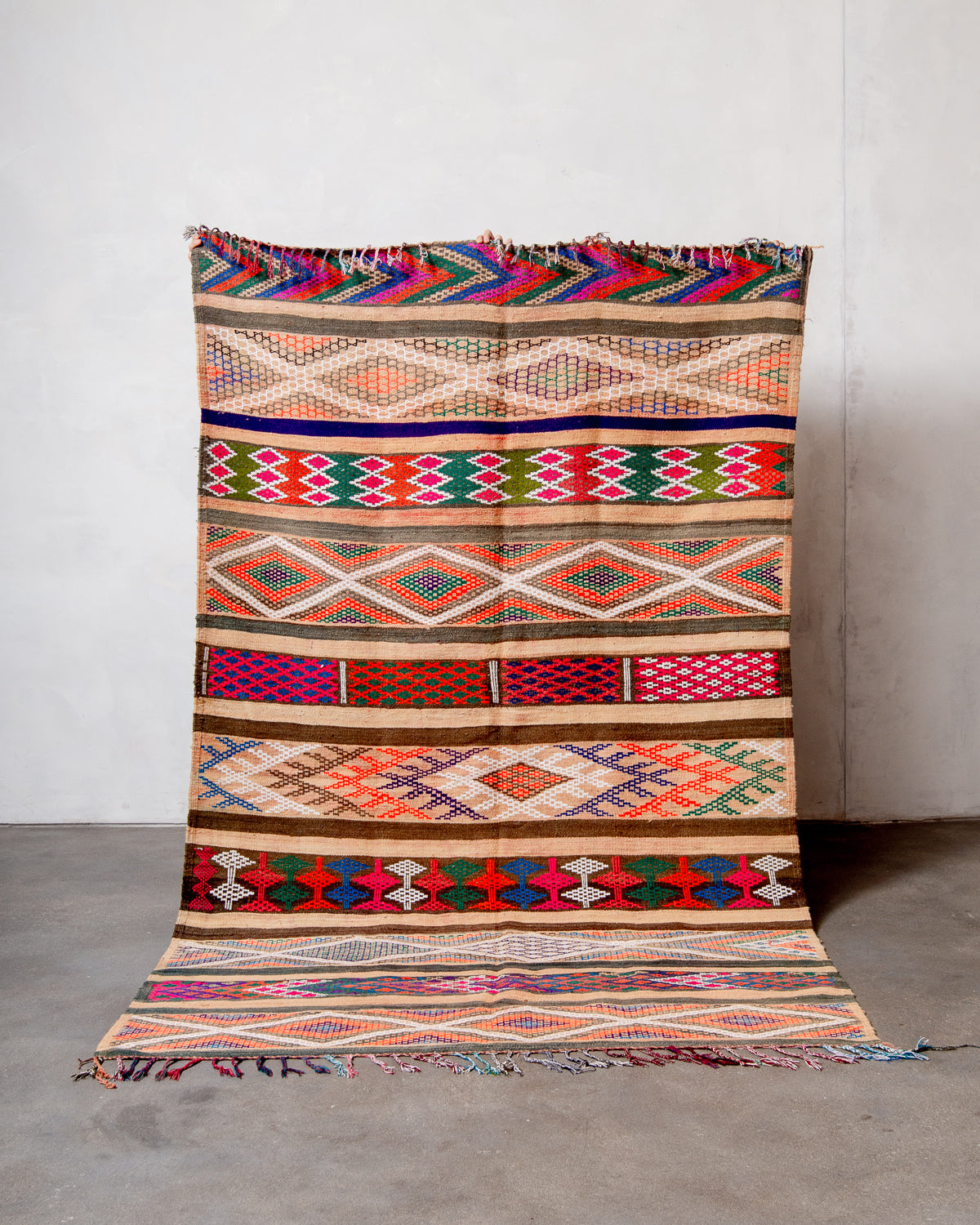 Modern, designer, handcrafted Berber rug from Morocco. Vintage Kelim carpet with beautiful designs and robust flat weave out of wool.